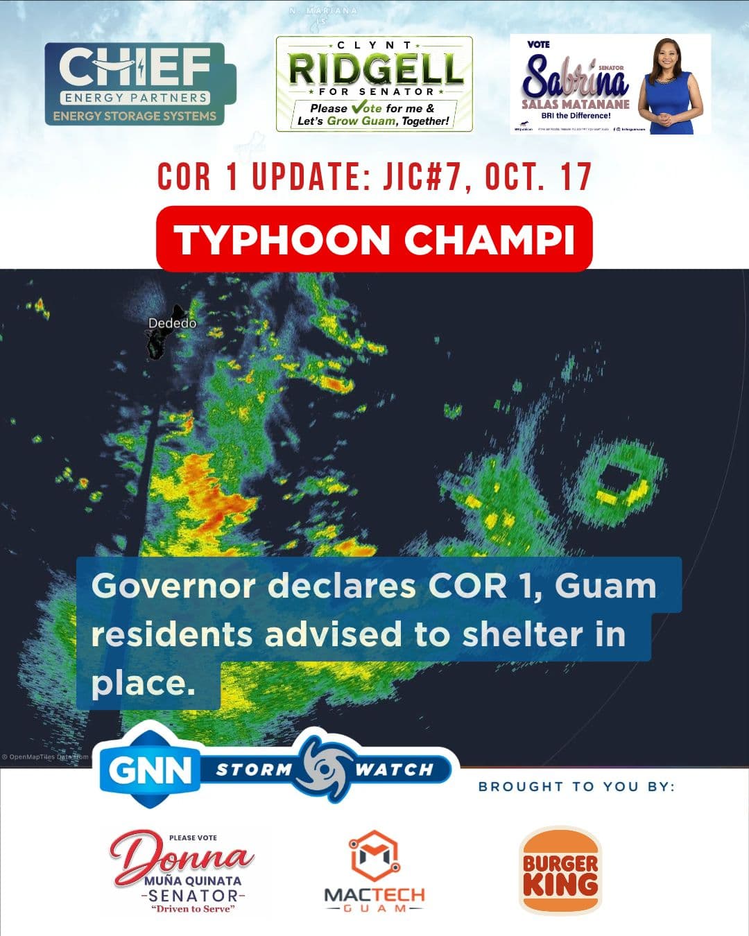 Typhoon Champi (29W): Eye Now Within Radar Range. Valid as of 12:27 PM ChST on Saturday, October 17, 2026