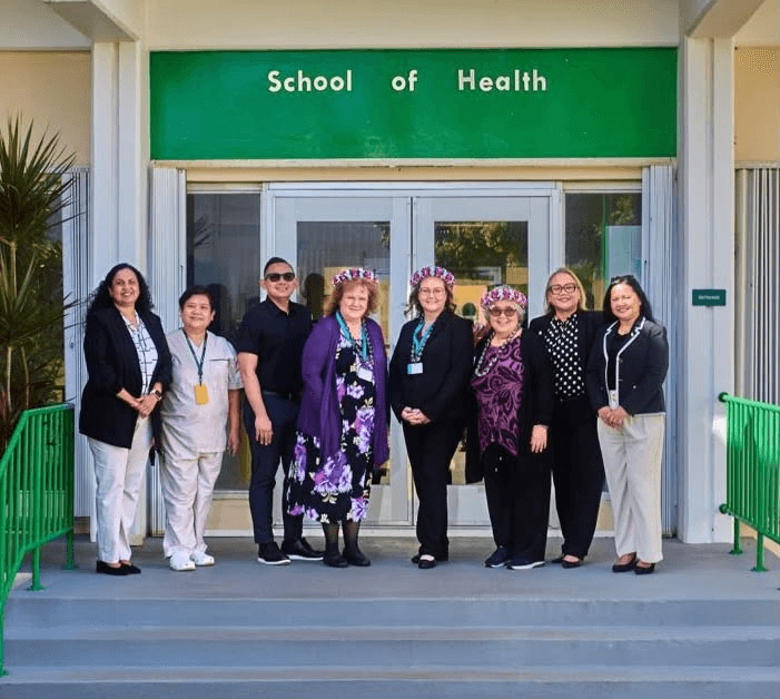 University of Guam administrators and nursing faculty join representatives from the Accreditation Commission for Education in Nursing (ACEN) during the accreditation site visit for UOG’s Bachelor of Science in Nursing Program, which earned an eight-year reaffirmation of accreditation through spring 2034. Pictured from left are Dr. Annamma “Anna” Varghese, Assistant Professor of Nursing and Nursing Program Director; Dr. Anna Joy Mendez, Associate Professor of Nursing and Nursing Division Chair; Dr. Artemio “Ricky” Hernandez, Vice President of Administration and Finance and Chief Business Officer; ACEN representatives Dr. Nell Ard, Chief Accreditation Officer; Dr. Heather Bailey, Commissioner; and Dr. Charlene Ono, Peer Evaluator; Dr. Sharleen Santos-Bamba, Senior Vice President and Provost; and Dr. Yvette Paulino, Dean of the Margaret Perez Hattori-Uchima School of Health.