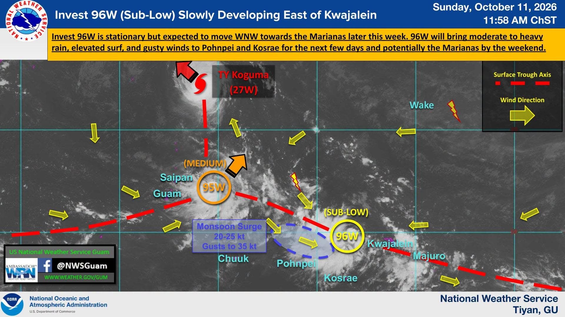 The National Weather Service Guam is keeping an eye on Invest 96W, which on Sunday was developing “slowly” east of Kwajalein.