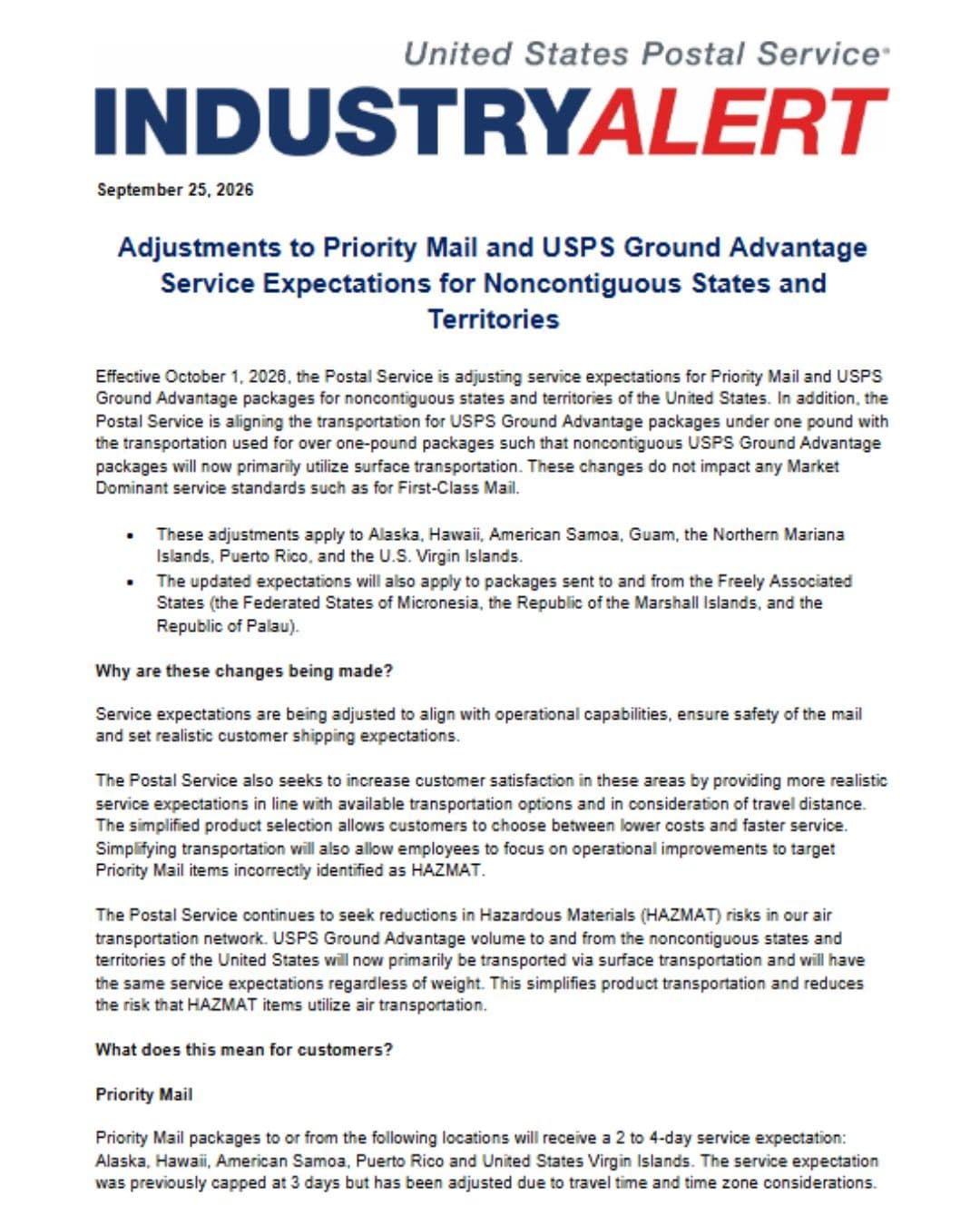 TRANSIT: United States Postal Service Industry Alert on adjusted Priority Mail and U.S. Ground Advantage Service Expectation effective Oct. 1