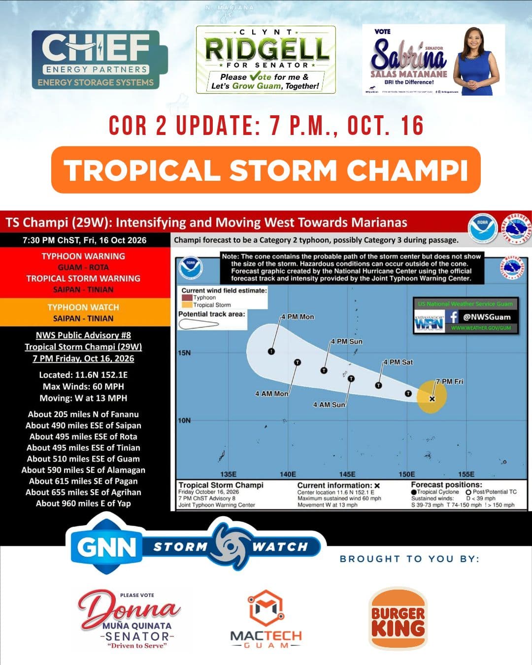 NWS: TS Champi (29W): Intensifying and Moving West Towards Marianas Valid as of 7:30 PM ChST on Friday, Oct. 16.