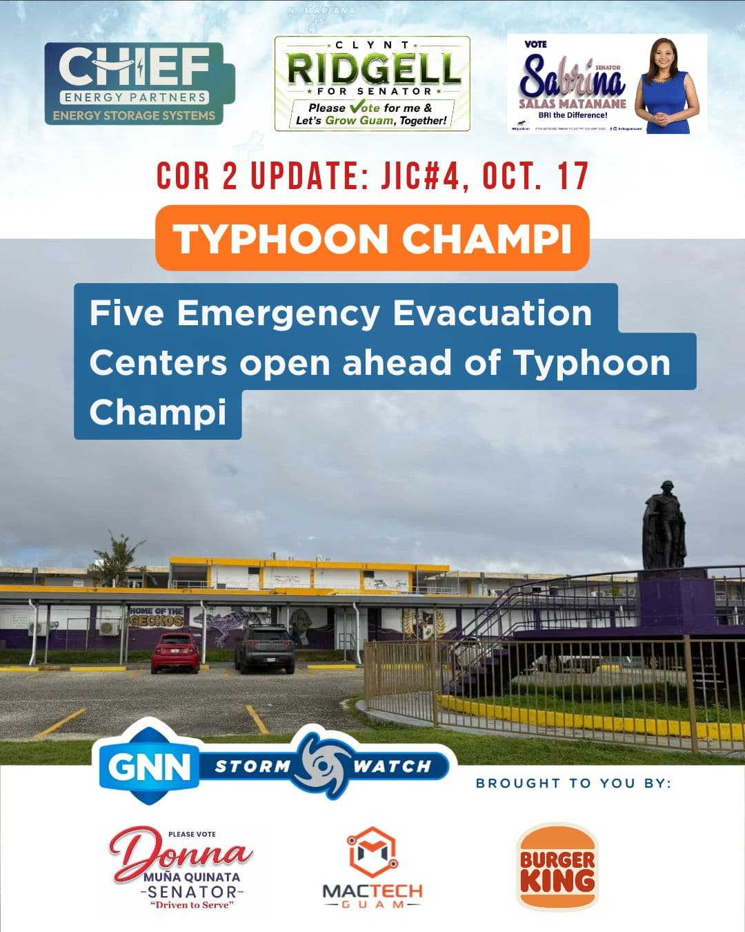 STORM: Emergency Evacuation Centers open ahead of Typhoon Champi.
