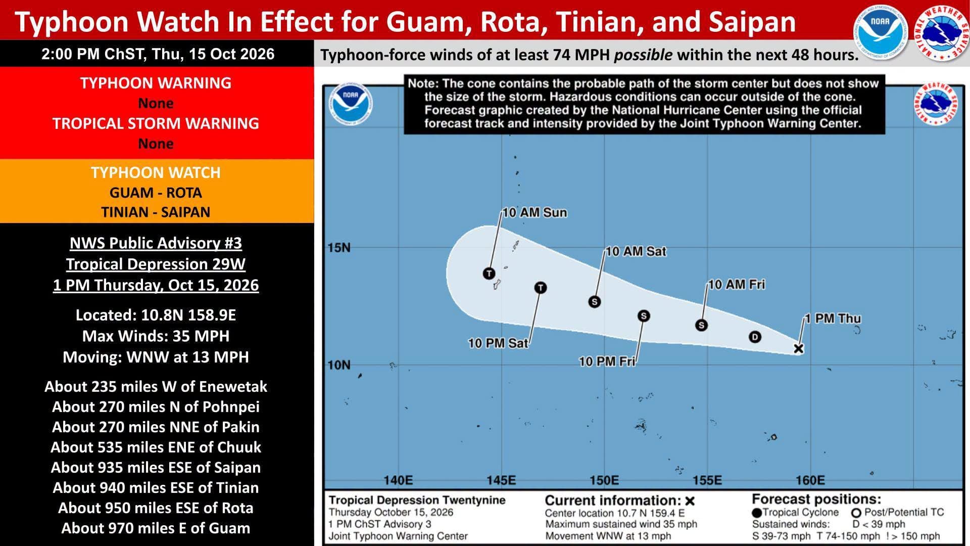 NWS: Typhoon Watch In Effect for Guam, Rota, Tinian, and Saipan Valid as of 2:00 PM ChST on Thursday, October 15, 2026.