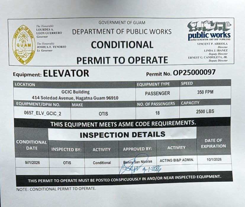 Guam Capital Investment Corp. Elevator permit