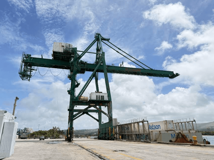 RECOVERY: Gantry Crane 4 dockside at the Port Authority of Guam on Monday, October 5, 2026, after being repaired and restored to service following Friday night’s high wind incident. Courtesy of the Port