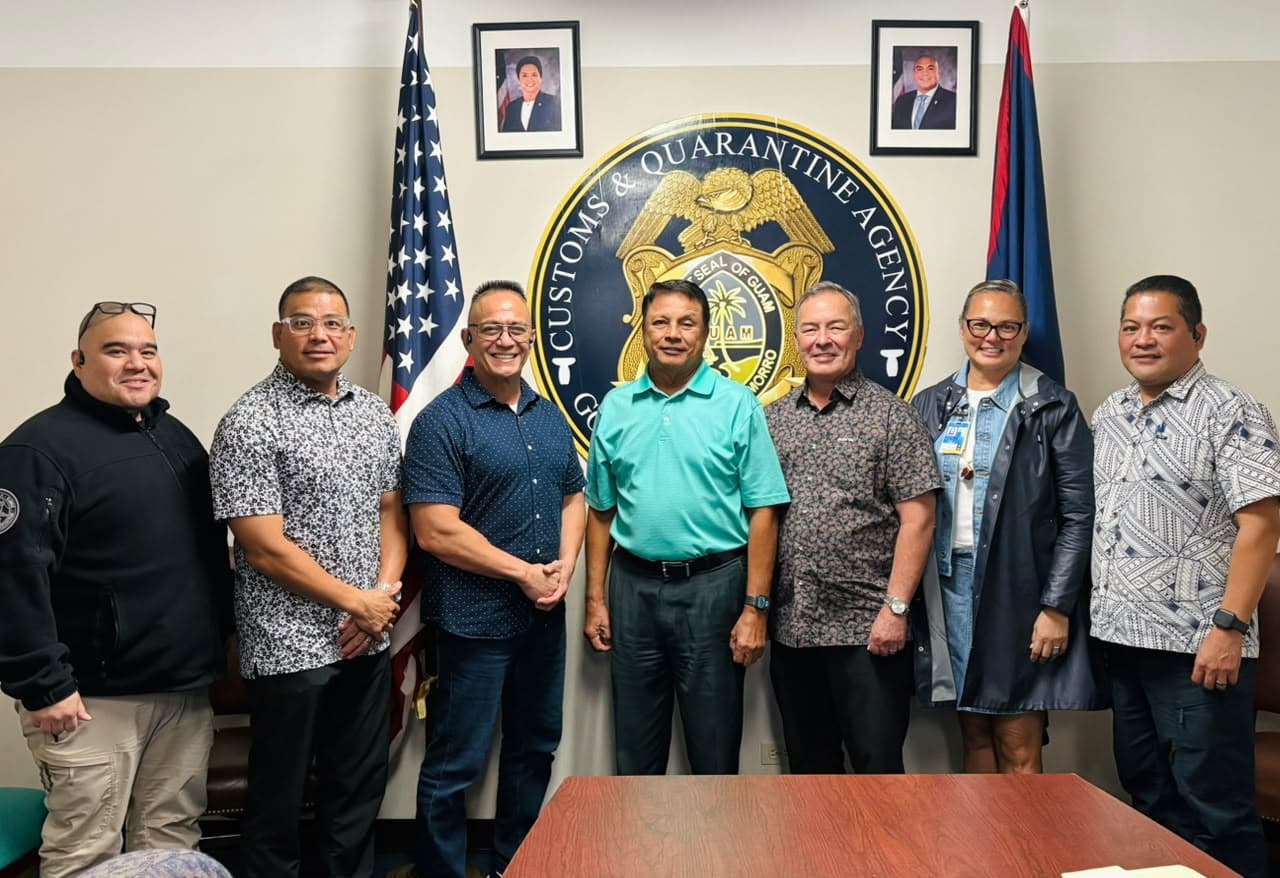 AWARD: Guam Delegate James Moylan pictured with Guam Customs and Quarantine Agency Director Ike Peredo, center and other Customs leadership announced an award of $1.025 million in federal funding for new inspection and border security equipment.