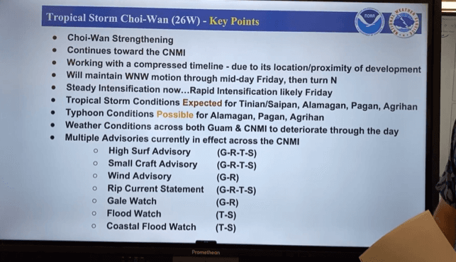 NWS: Screenshot of Tropical Storm Choi-Wan advisories in effect as of 1:15 p.m., Oct 1. reported during National Weather Service Guam Facebook livestream.