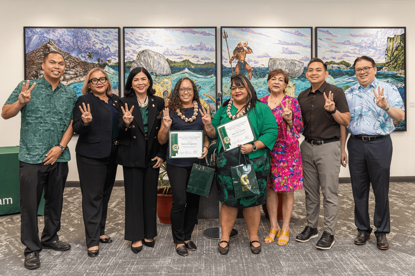 Supervisor Award Recipients: University of Guam leaders recognize Triton Outstanding Employee Award recipients Marlena Pangelinan and Janet B. San Nicolas. From left: Cris Czar Perez, UOG Employees Association President; Sharleen Santos-Bamba, Senior Vice President and Provost; UOG President Anita Borja Enriquez; Pangelinan, Vice Provost for Institutional Effectiveness and First-Quarter Supervisor Award Recipient; San Nicolas, Program Coordinator III with Enrollment Management & Student Success and Second-Quarter Supervisor Award Recipient; Gena Rojas, Interim Dean of Enrollment Management & Student Success; Artemio “Ricky” Hernandez, Vice President for Administration and Finance and Chief Business Officer; and Joseph B. Gumataotao, Chief Human Resources Officer. Photo courtesy of the University of Guam.