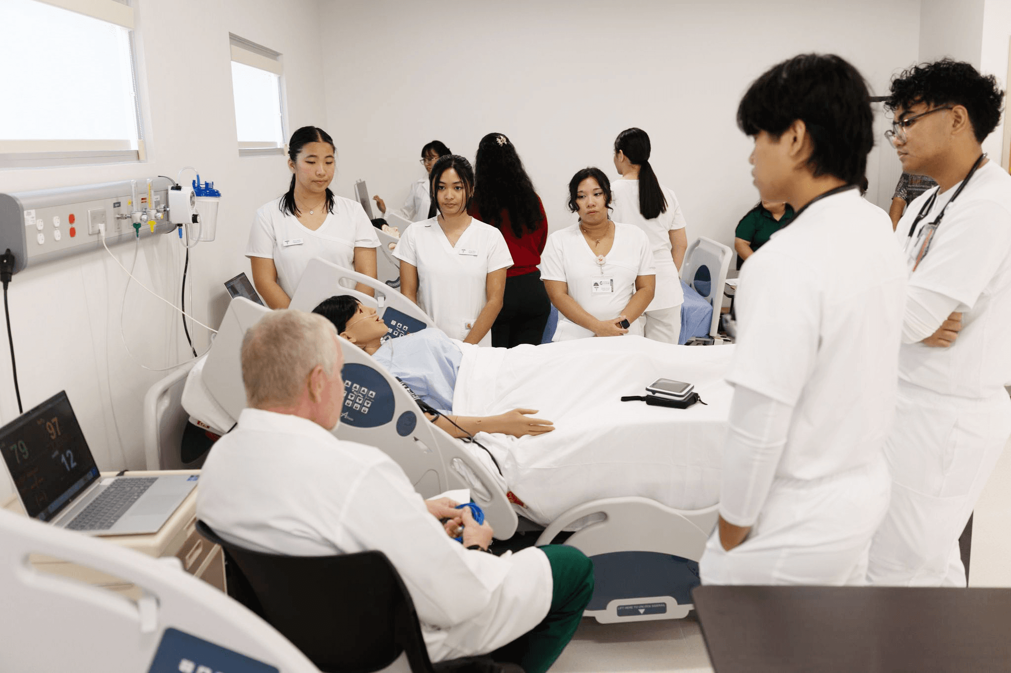University of Guam nursing students participate in hands-on clinical training using high-fidelity patient simulators at the Margaret Perez Hattori-Uchima School of Health Nursing Hub, which opened in August. The state-of-the-art facility provides students with advanced simulation technology and realistic hospital environments to develop essential nursing skills, strengthen clinical decision-making, and prepare for patient care in real-world settings. Photo courtesy of the University of Guam.