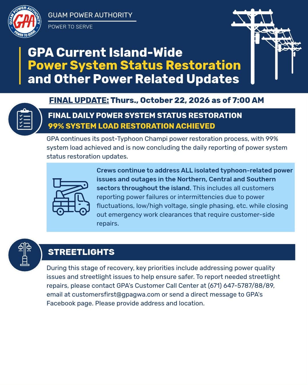 RECOVERY: Guam Power Authority final post-Typhoon Champi recovery update, Oct 22, 99%system load achieved.