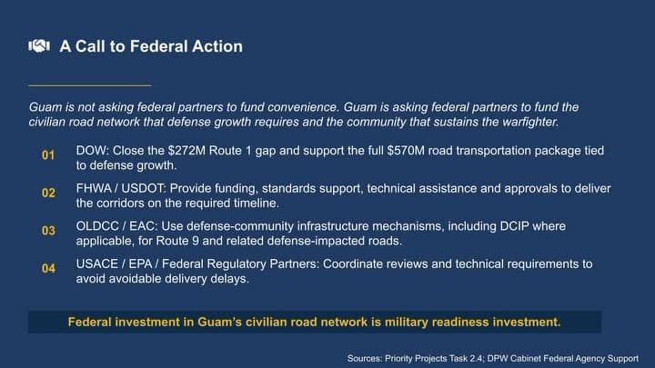 DPW: Department of Public Works Director Vincent Arriola calls for federal partners to support road infrastructure projects on Guam.
