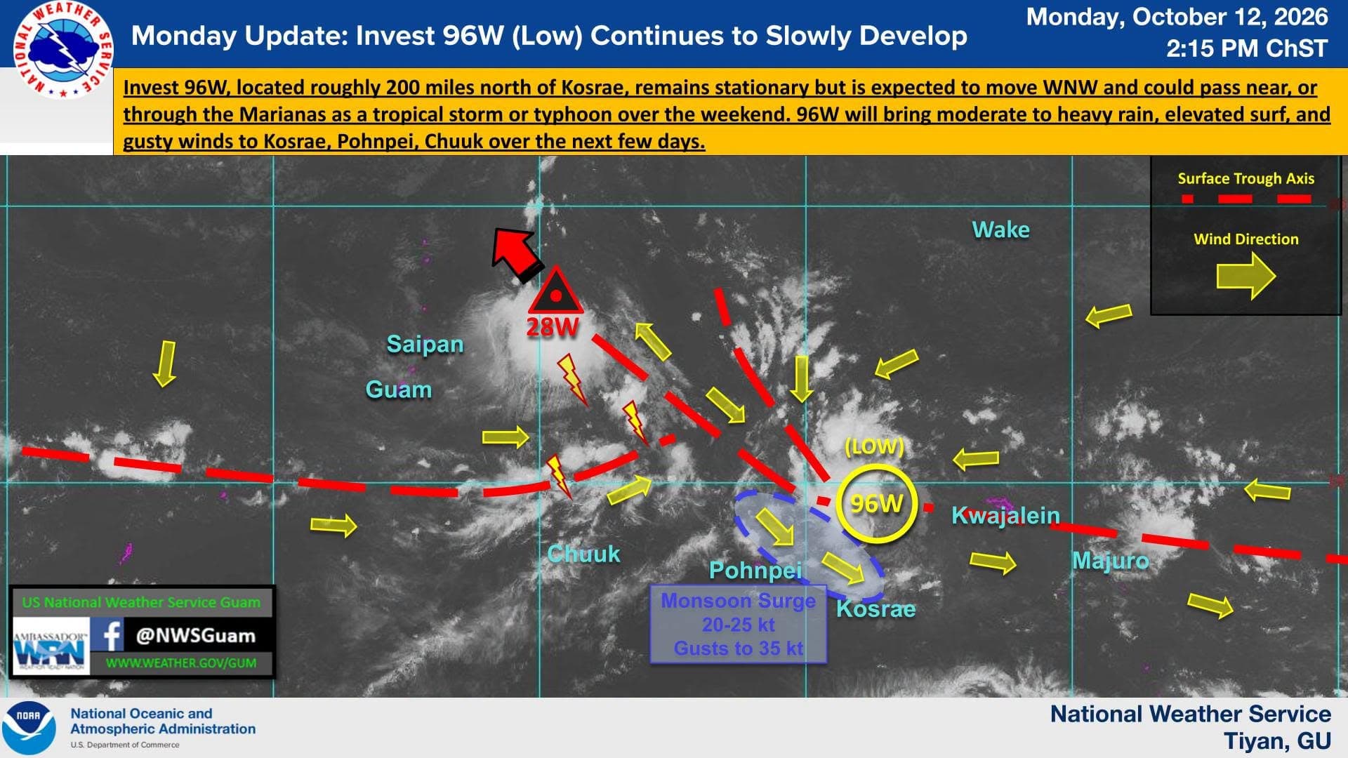 TRACKING: As of 2:15 p.m. Monday, 96W was 200 miles north of Kosrae and “slowly” developing. According to the NWS Guam Facebook account, the Joint Typhoon Warning Center has upgraded the system to a “Low” rating, which means development is likely but not expected in the next 24 hours.