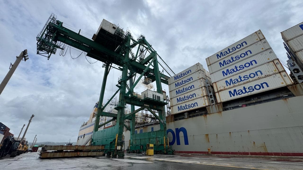 IN-SERVICE: Gantry Crane 4 works the Matson Lurline on Wednesday, October 7, 2026, as cargo offloading operations continue at the Port Authority of Guam. Caption courtesy of Port Authority of Guam.