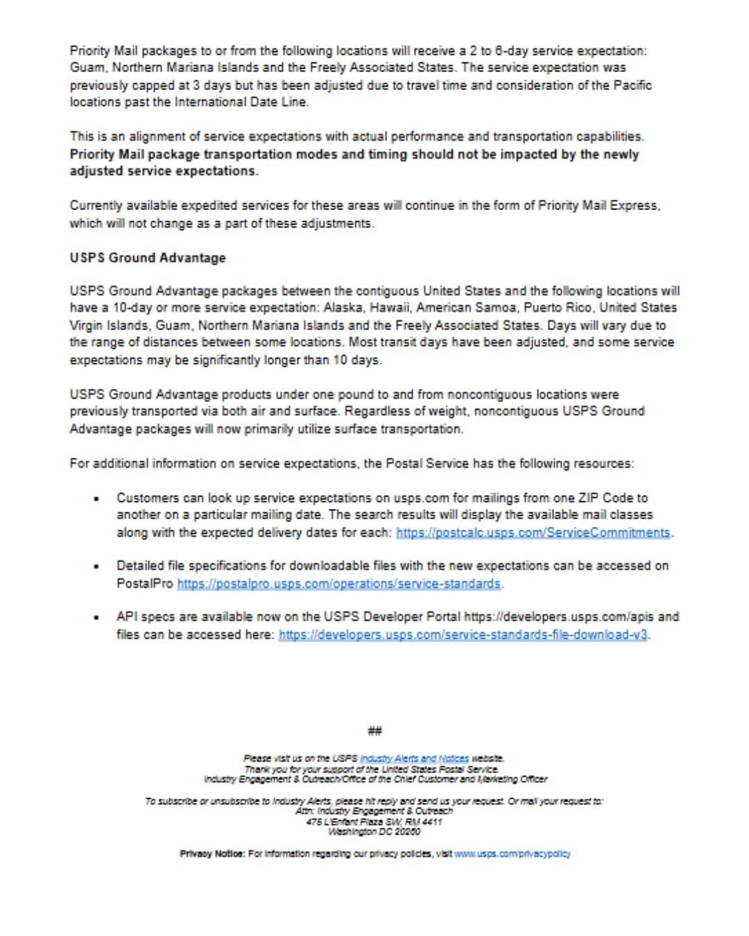 TRANSIT: United States Postal Service Industry Alert on adjusted Priority Mail and U.S. Ground Advantage Service Expectation effective Oct. 1