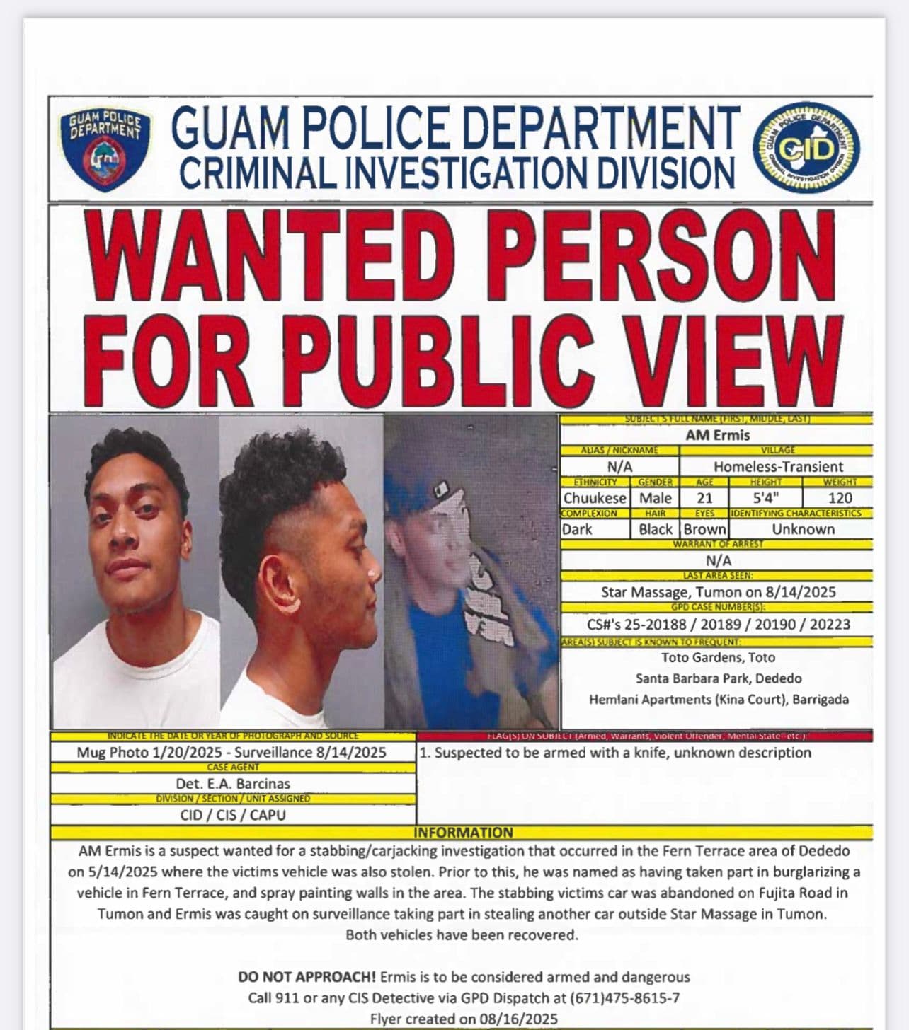 Police search for suspect in Dededo stabbing and carjacking