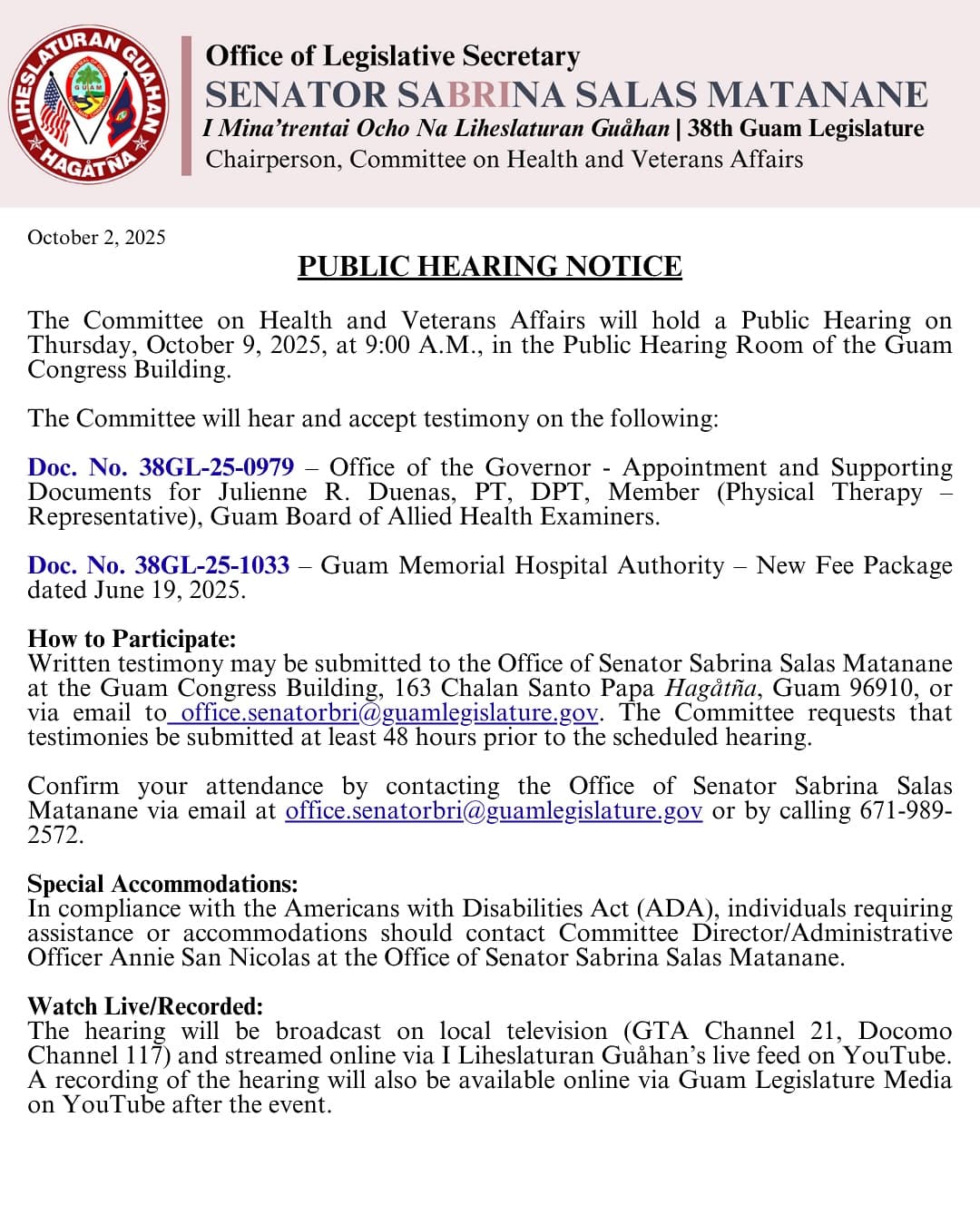 Health and Veterans committee issues second hearing notice