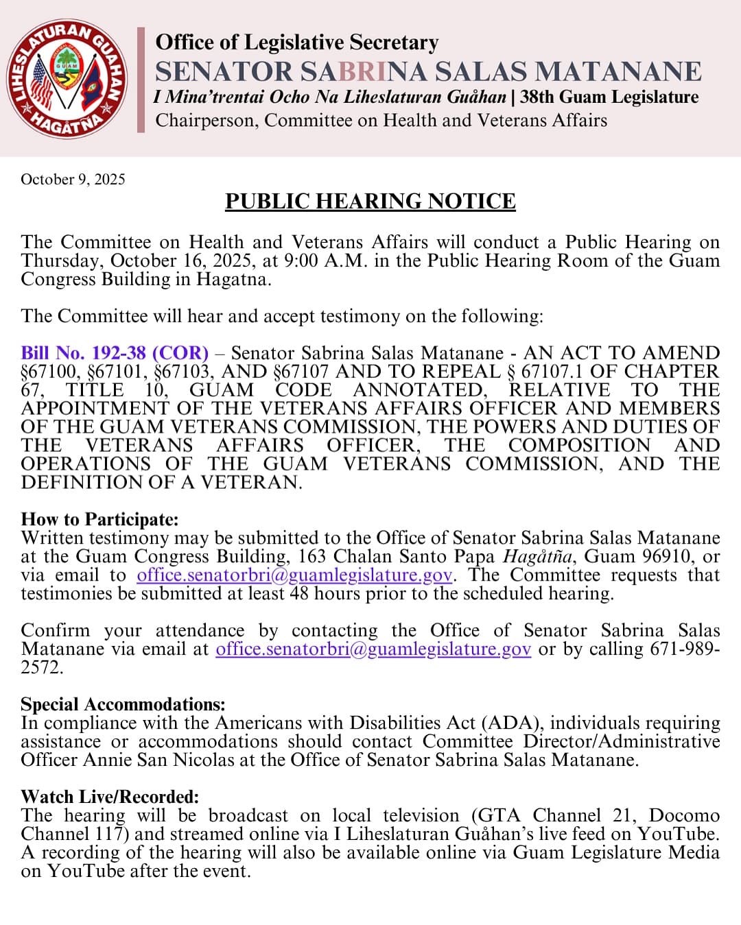 Health and Veterans committee sets Oct. 16 hearing