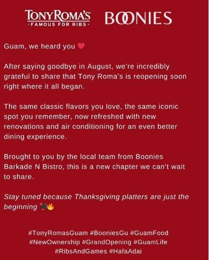 Tony Roma's says it's coming back to Guam