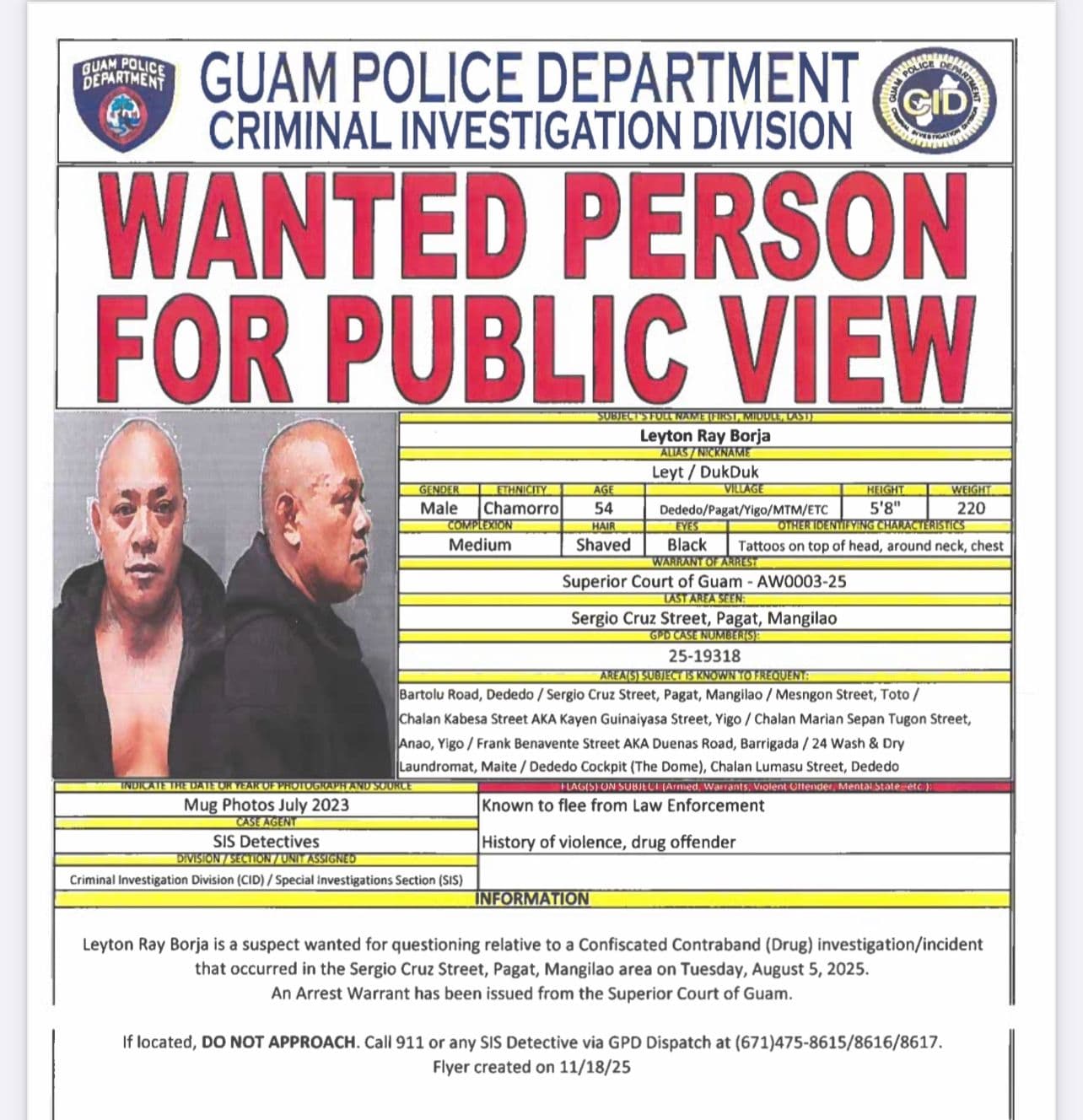 Police issue wanted flyer for Leyton Ray Borja
