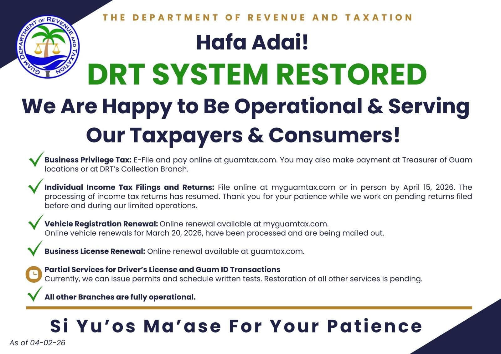Rev and Tax restores system, services resume