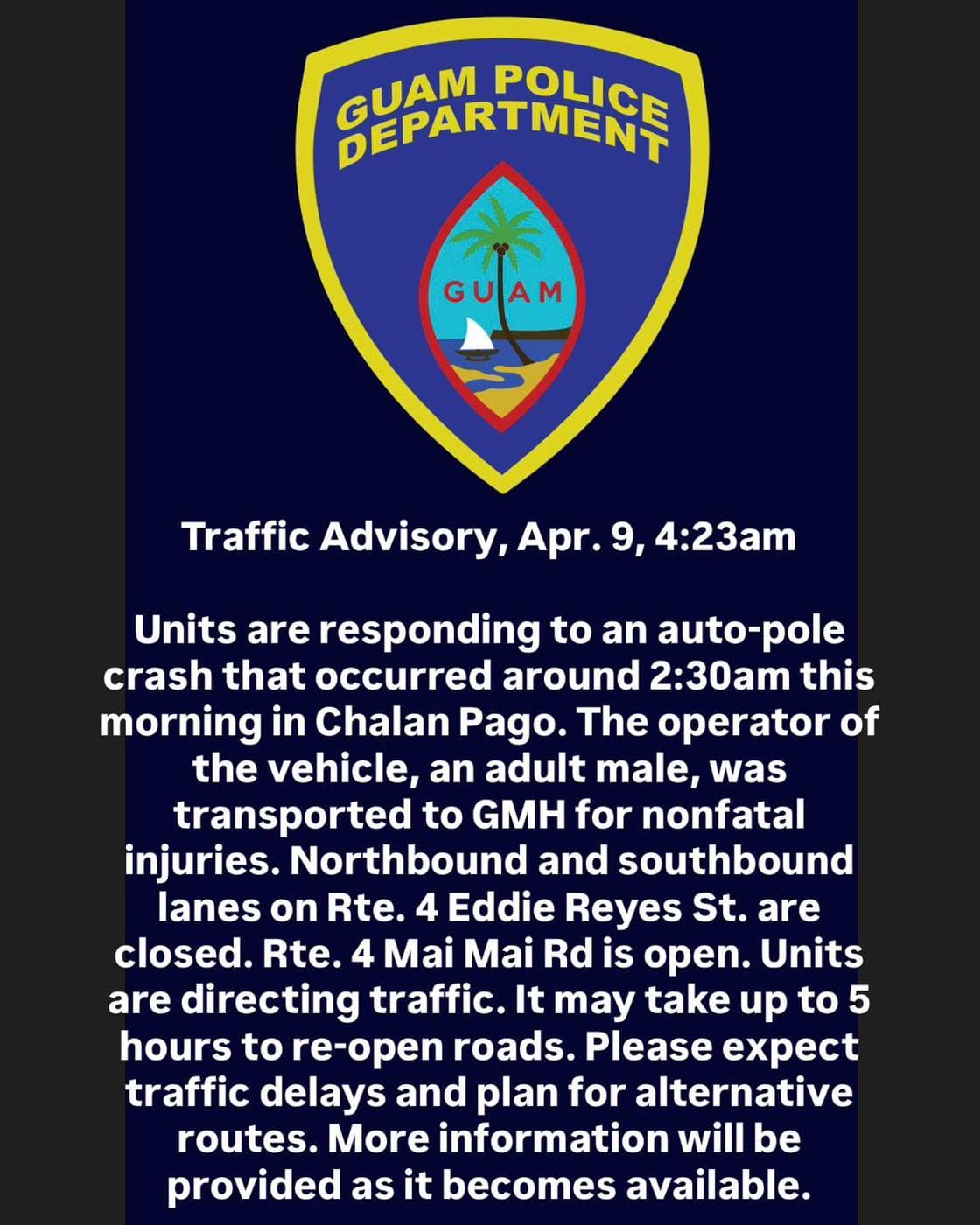Crash into utility pole shuts down Chalan Pago lanes