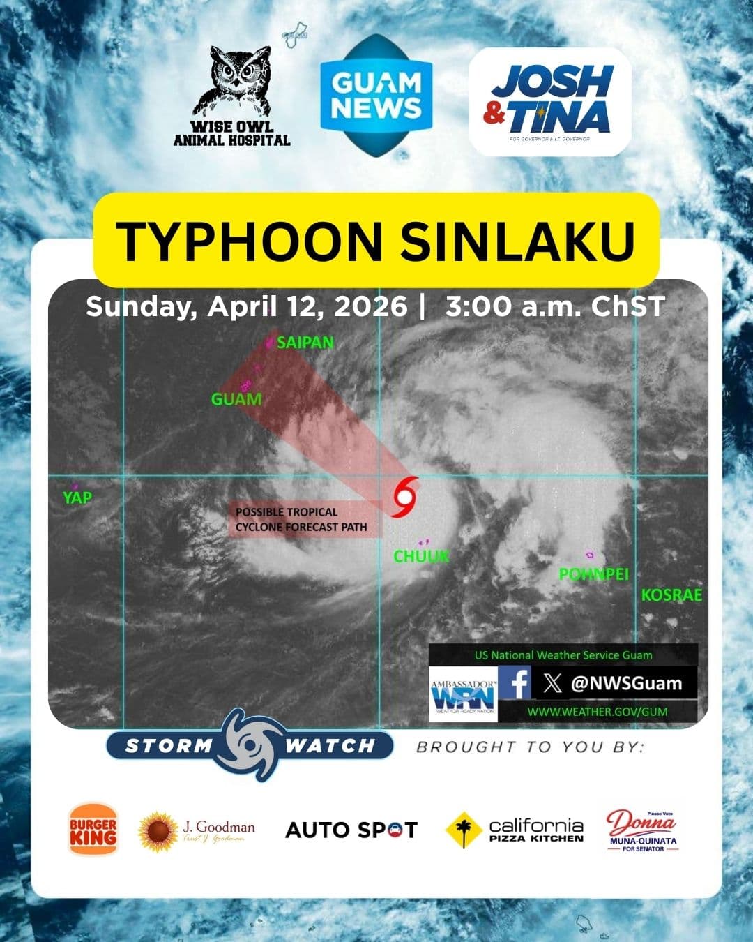 Guam and Rota squarely in Sinlaku's projected path