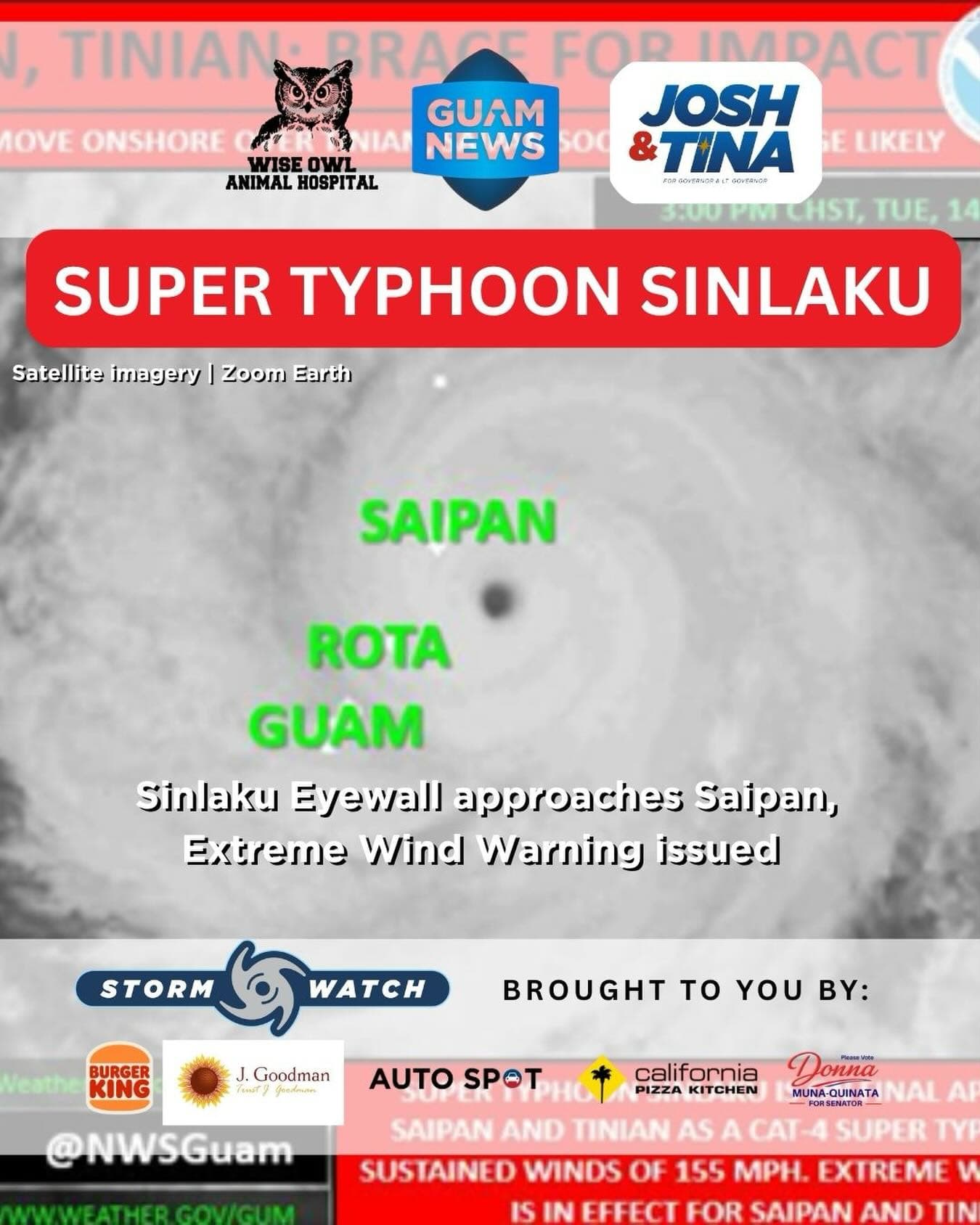 Sinlaku makes final approach to Saipan and Tinian