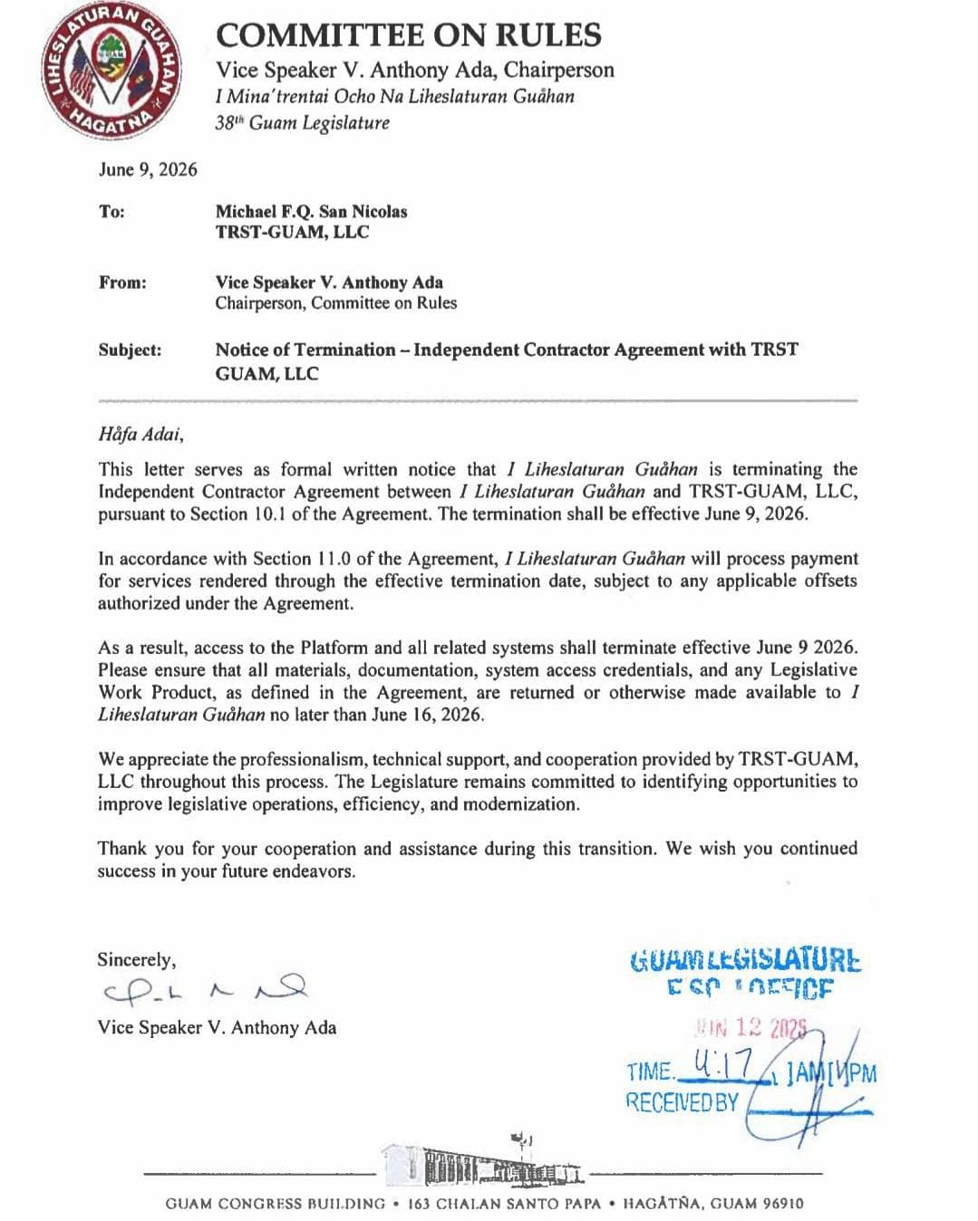 Legislature terminates contract with TRST-GUAM