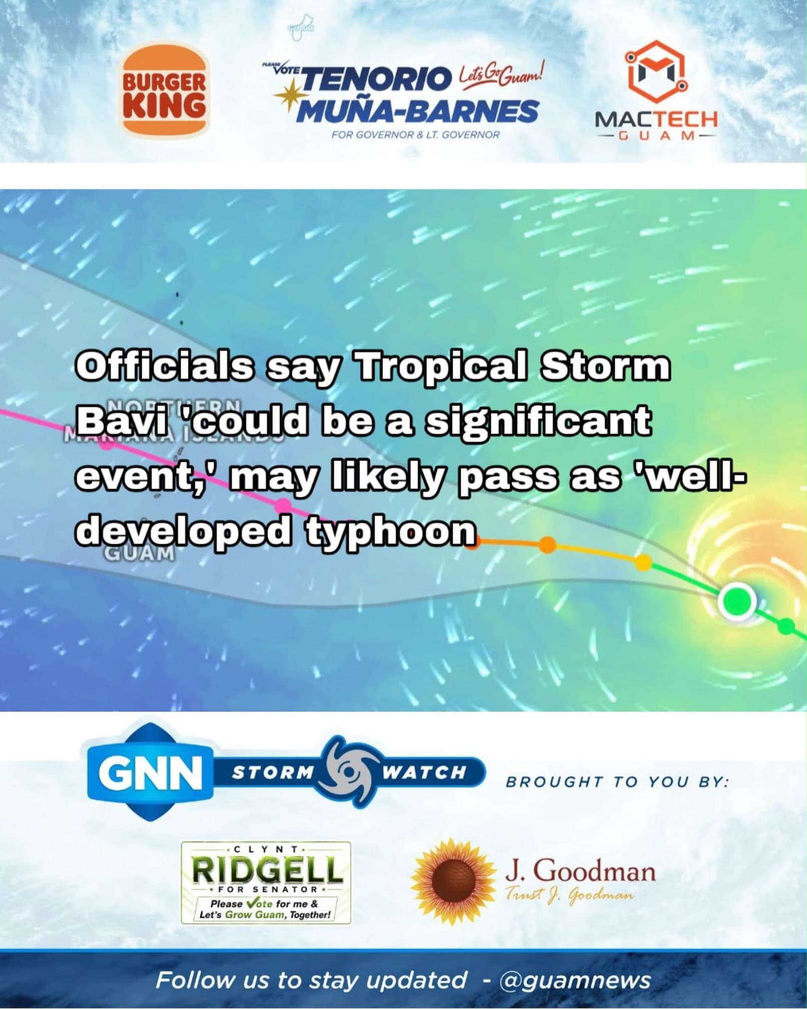 Tropical Storm Bavi intensifies on track toward the Marianas