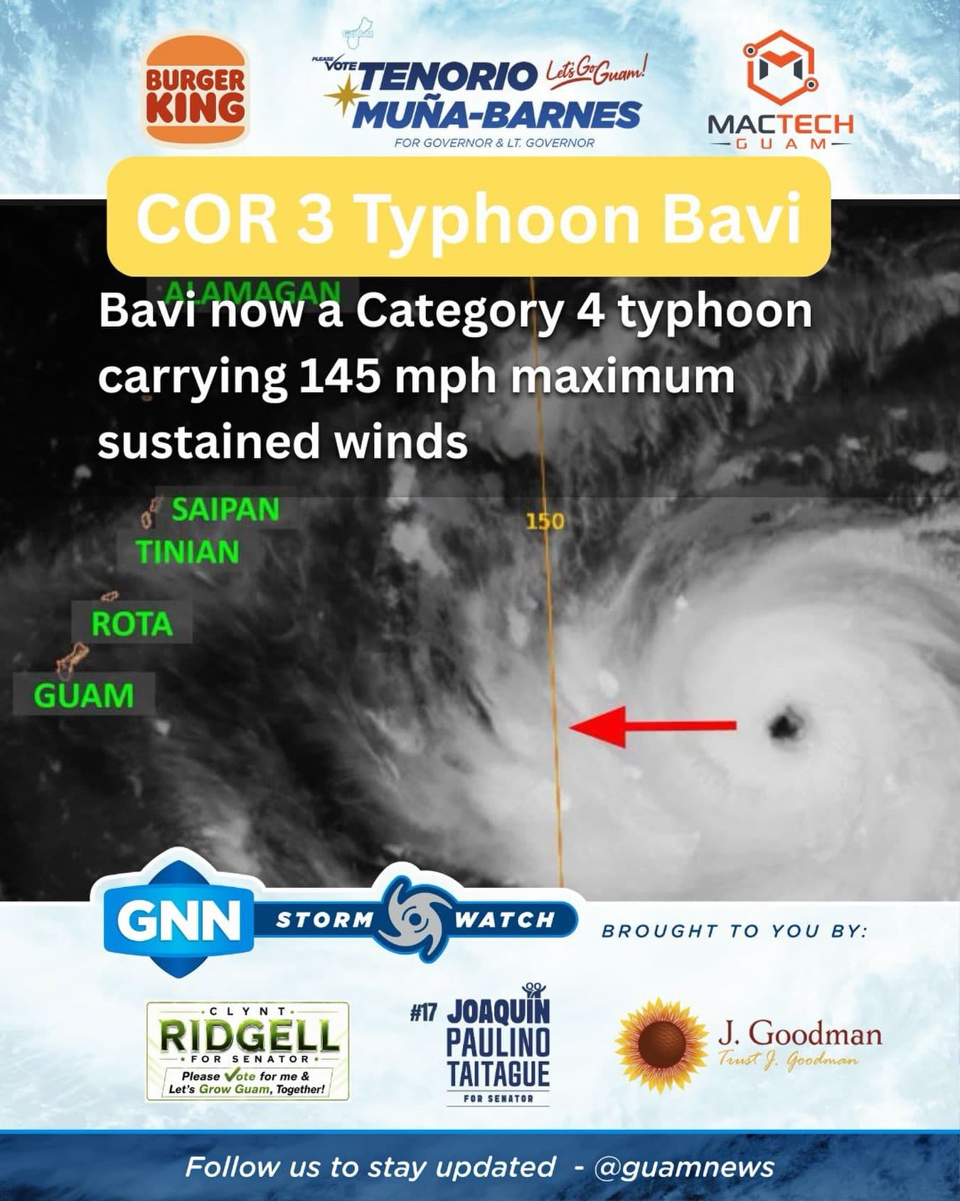 Bavi strengthens to Category 4 as it tracks west