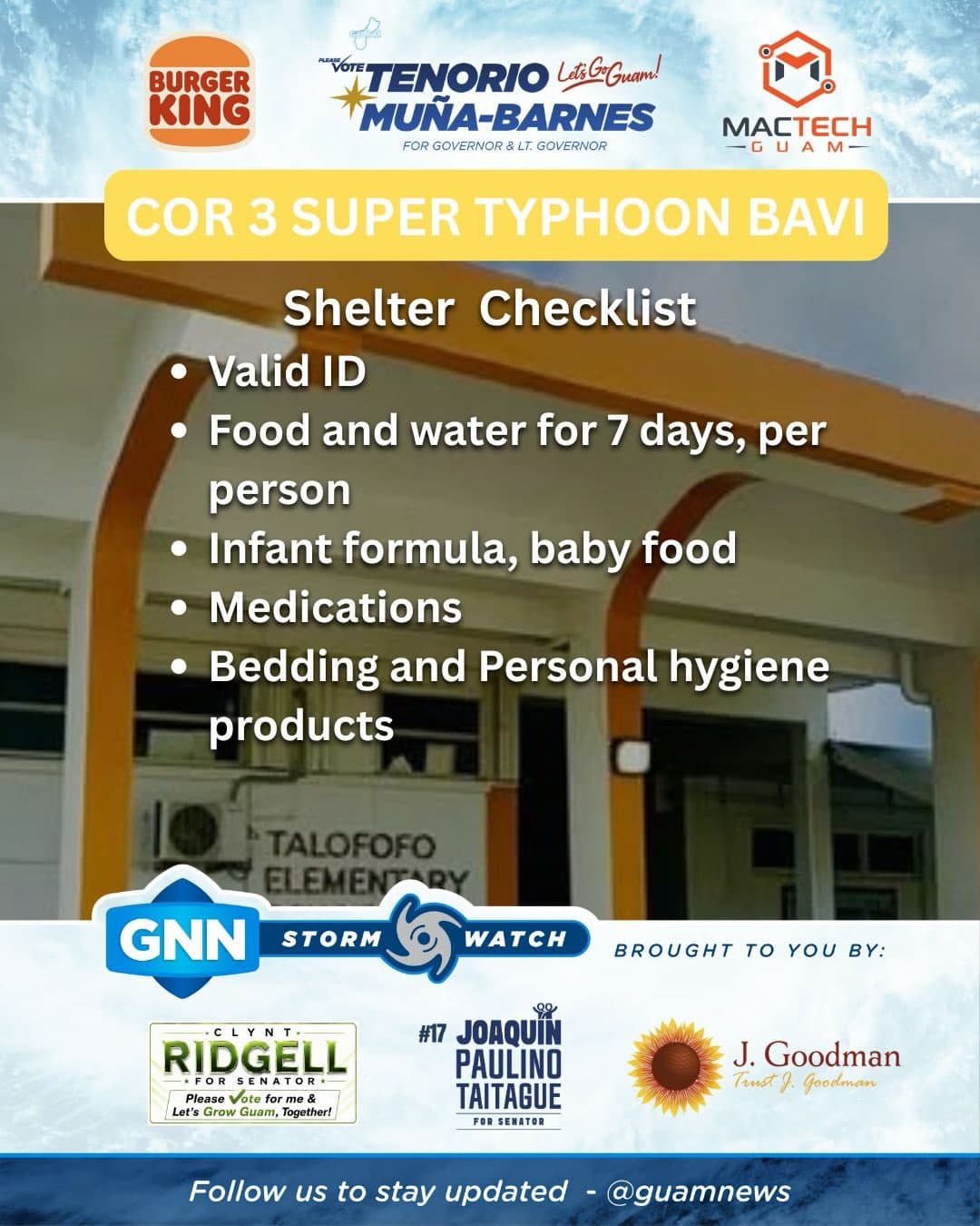 Five schools designated as Typhoon Bavi shelters