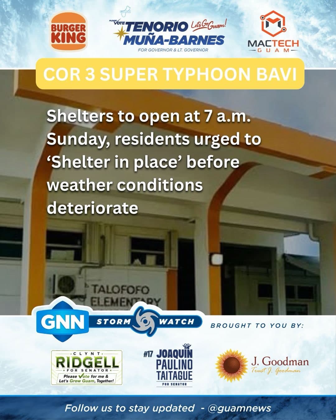 Five schools designated as Typhoon Bavi shelters