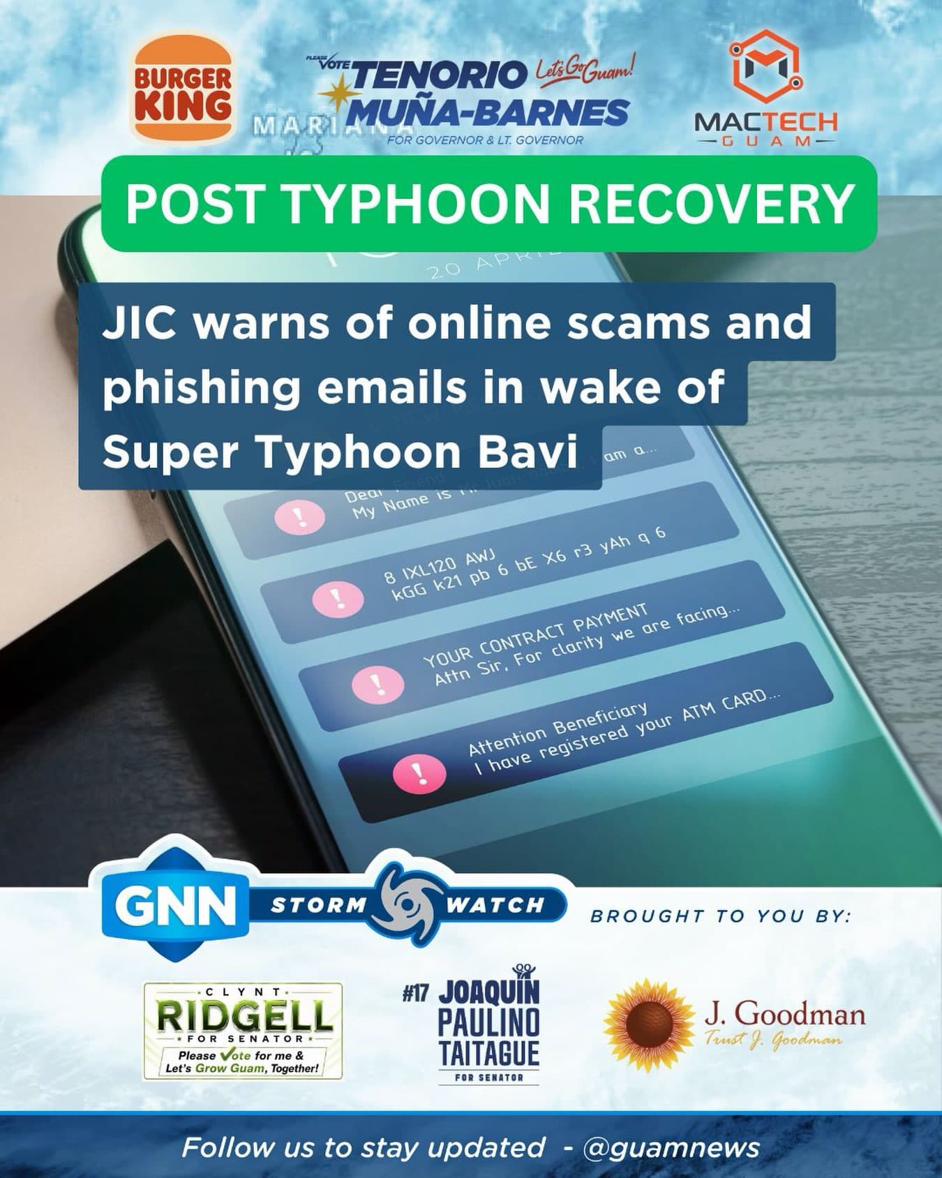 Officials warn of scams and phishing after Typhoon Bavi